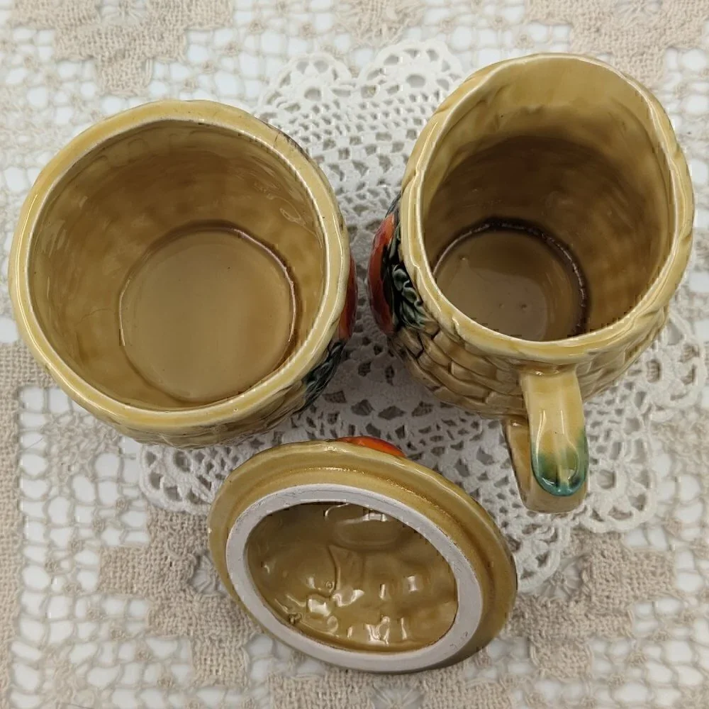 Vintage Lefton Japan Fiesta Basket Weave with Fruit Ceramic Cream and Sugar Set